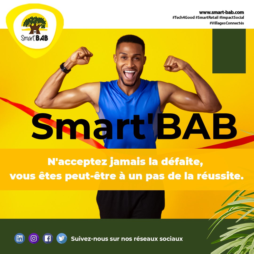 smart_bab's tweet photo. N'acceptez jamais la défaite, vous êtes peut être à un pas de la réussite, croyez le simplement et persévérez.
Smart'BAB vous souhaite une semaine pleine de bonnes opportunités!!!
#tech4good #smartretail #impactosocial #villagesconnectes https://t.co/2iT3rSOPqa