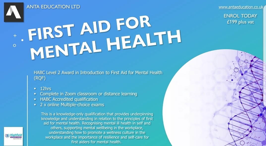 AntaEducation's tweet photo. #MENTALHEALTHFIRSTAID 

Study from home, or in a group on Zoom. ANTA Education Ltd can make this qualification work for you.

#mentalhealthmatters https://t.co/inCa10Qwme