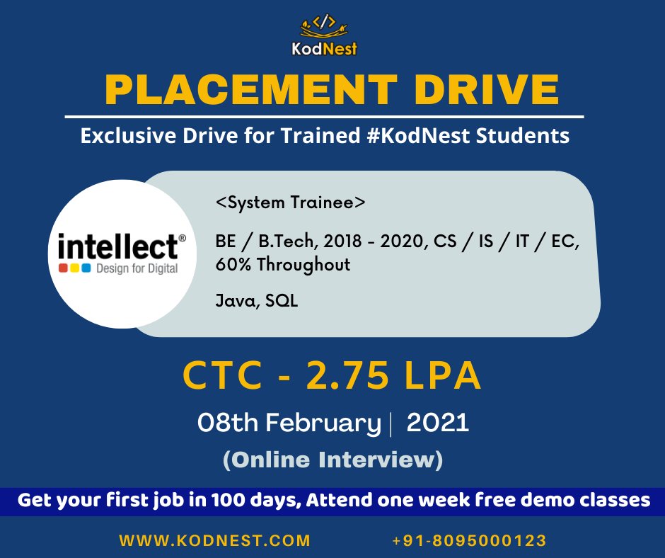 kodnest's tweet photo. #KodNest hiring for its reputed clients " Subex " , " Lekha Wireless Solutions " , " CodePrism Technologies " , " Intellect Design Arena Limited "

Register for upcoming batch: https://t.co/Gh08EO3tvk

To know more visit: https://t.co/JCEVQTOeAF

Call us - 8095000123 https://t.co/ISMeZWWYwp