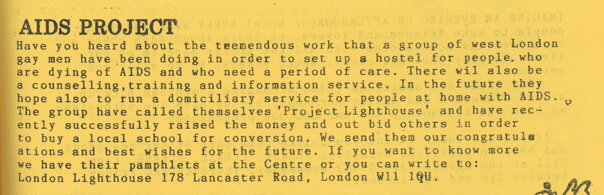 In 1986 the GLGC newsletter reported on the amazing work being done at the new London Lighthouse to establish a hospice and day centre for those affected by  #HIV and AIDS and to provide a refuge for those marginalised because of their diagnosis.  #LGBTHM21  