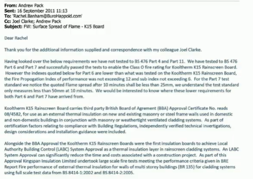 Spent quite a long time this morning on this 2011 email which shows Mr Pack advising re a project in Doha that was being built to compliance with UK codes. He implies that K15 was suitable for both masonry and steel frame + had tested to BS8414 parts 1 and 2