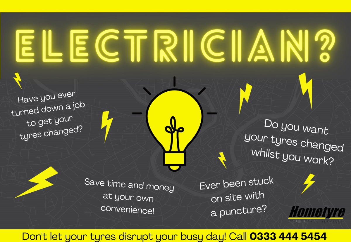 Are you an #electrician? Have you ever had to turn #business down to go to the #garage? Or perhaps been stuck on site with a puncture due to a pesky nail! Give us a call on 0333 444 5454 to book an appointment at a time, date and location to suit you! #hometyre #mondaythoughts