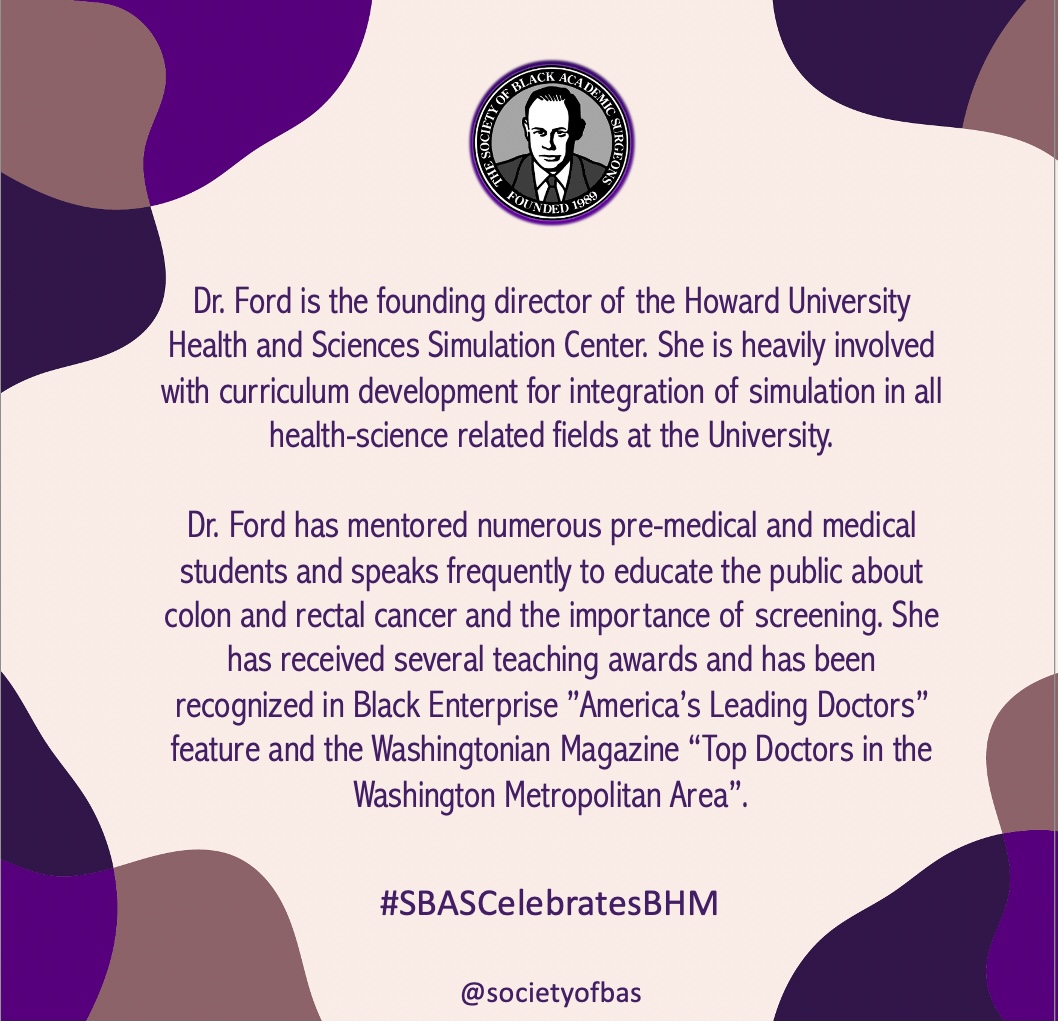 Society of Black Academic Surgeons (@societyofbas) on Twitter photo Our second week of #BHM starts off with a salute to <a href="/HowardU/">Howard University</a> Colon & Rectal surgeon & education trailblazer, Dr. Debra Ford!
#BlackWomeninMedicine #BlackGirlsDoSurgery #SBASCelebratesBHM✨
Nominate a surgeon or trainee who exemplifies our values here! -->bit.ly/36r0Sa8 Our second week of #BHM starts off with a salute to <a href="/HowardU/">Howard University</a> Colon & Rectal surgeon & education trailblazer, Dr. Debra Ford!
#BlackWomeninMedicine #BlackGirlsDoSurgery #SBASCelebratesBHM✨
Nominate a surgeon or trainee who exemplifies our values here! -->bit.ly/36r0Sa8