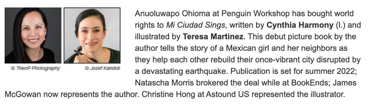 Anuoluwapo Ohioma at Penguin Workshop has bought world rights to 'Mi Ciudad Sings', written by Cynthia Harmony (l.) and illustrated by Teresa Martinez.