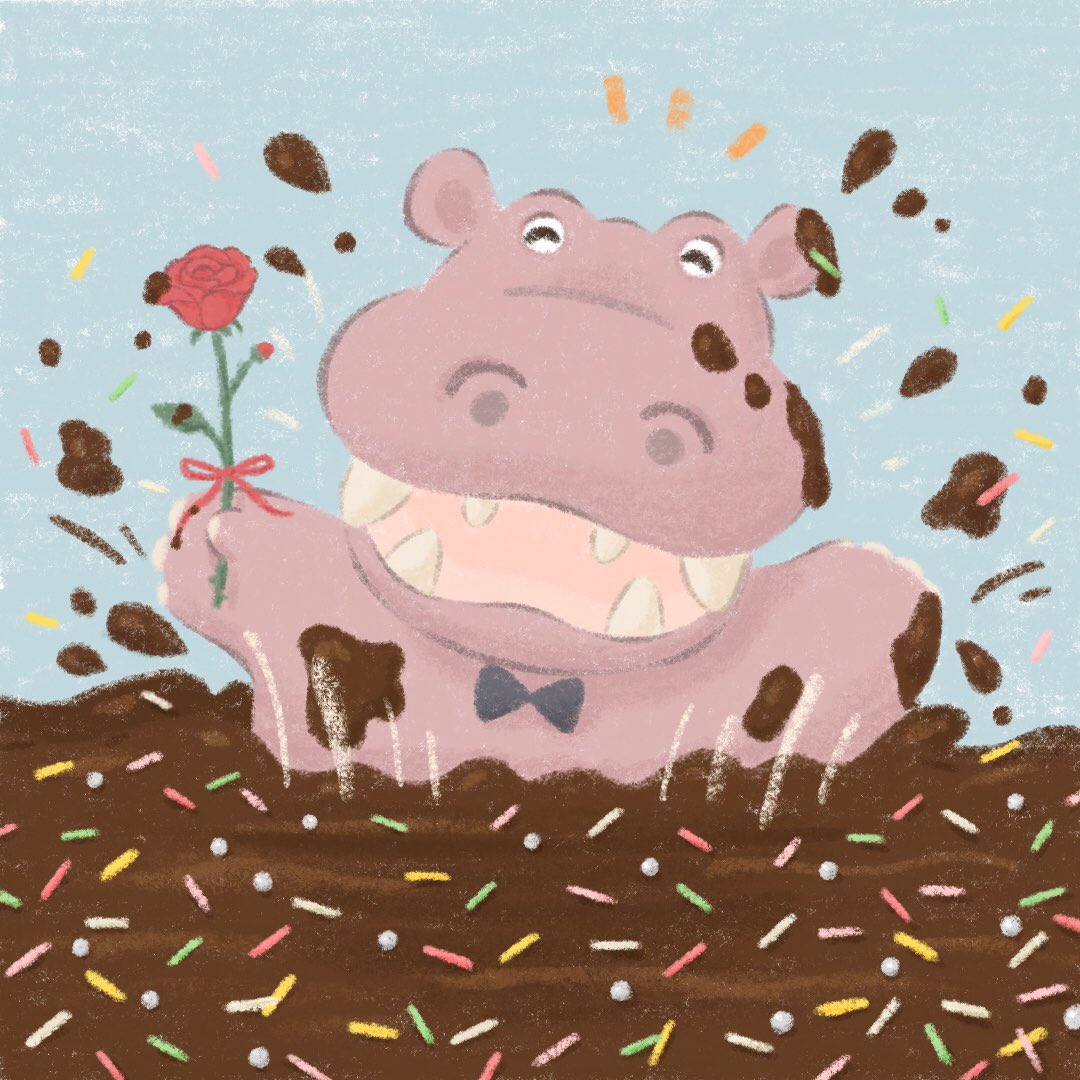 えびんぐ イラストレーター على تويتر バレンタイン カバ インスタでリクエスト頂いた チョコレートの池から出てくるカバ です チョコから飛び出てバラをプレゼント イラスト ほっこりイラスト ゆるいイラスト ほっこり かわいいイラスト 動物