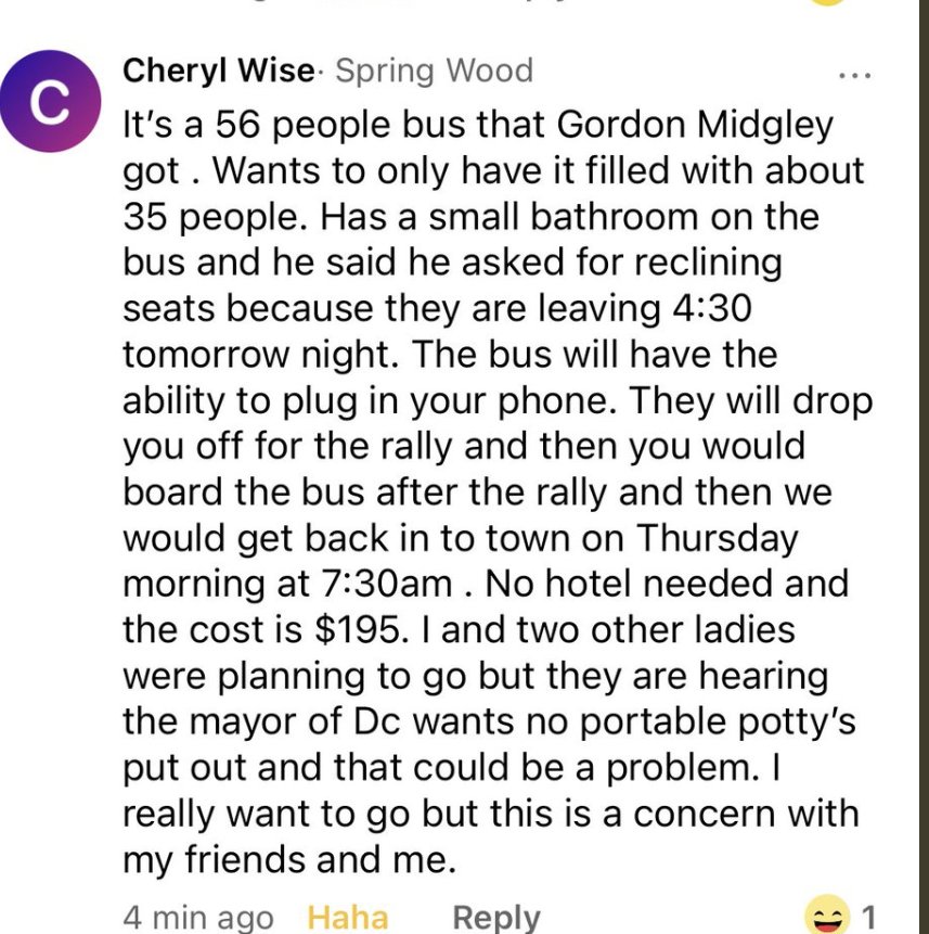 This particular NextDoor was used to organize a bus for dozens of people chartered by an area resident named Gordon Midgley to travel to DC, go to the rally, march on the Capitol, & then return to the St. Charles area. 4/