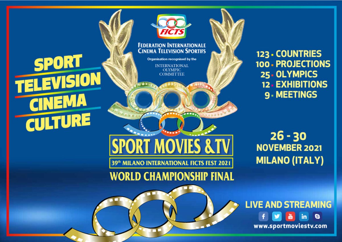 📣 𝐒𝐏𝐎𝐑𝐓 𝐌𝐎𝐕𝐈𝐄𝐒 &amp; 𝐓𝐕 𝟐𝟎𝟐𝟏 
La #FICTS - Fédération Internationale Cinéma Télévision Sportifs -  ufficializza che #Milano ospiterà, in presenza, dal 𝟐𝟔 𝐚𝐥 𝟑𝟎 #Novembre 2021 ➡️𝐒𝐏𝐎𝐑𝐓 𝐌𝐎𝐕𝐈𝐄𝐒 &amp; 𝐓𝐕 𝟐𝟎𝟐𝟏 👉 bit.ly/3jhdA0c
#FICTS #sport