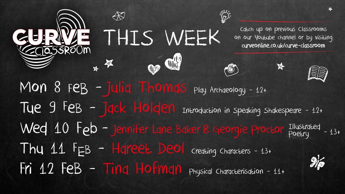 CurveLeicester's tweet photo. We’re back for our fifth week of fun-filled Curve Classroom sessions! 🎉

Your tutors this week include @juliathomas80, @1JackHolden, @JennyKatharine &amp; @georgiesarchive,  @HareetDeol and @hofmanica.

Join Julia’s Play Archaeology lesson from 4pm today 👇 https://t.co/VMTazVX4Cf https://t.co/xM5RwDbnnG
