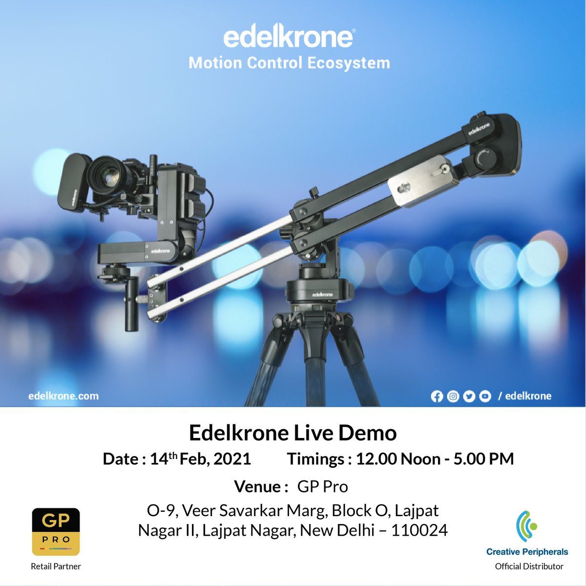 creativenewtech's tweet image. Meet us on 14th February 2021 to experience @edelkrone Motion Control System at GP PRO Camera Store.   

Call us at 96547 47799. 

Location: O-9, Veer Savarkar Marg, Block O, Lajpat Nagar II, Lajpat Nagar, New Delhi, Delhi 110024

#edelkrone #motioncontrolsystem #livedemo #delhi