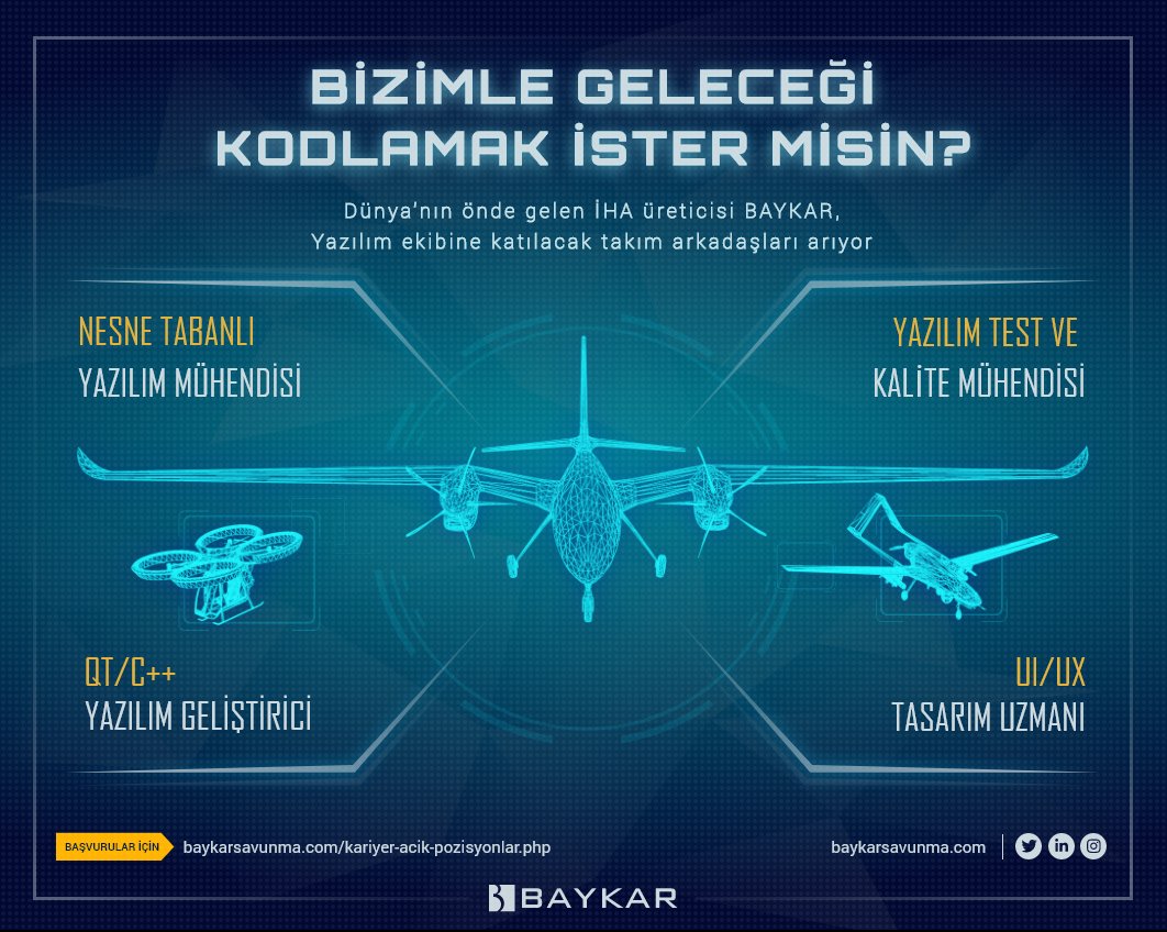 Güçlü bir takım ile Baykar'da geleceği kodlamaya var mısın?

Ekip arkadaşları arıyoruz! 👩‍💻👨‍💻

✅ Nesne Tabanlı Yazılım Mühendisi
✅ Yazılım Test ve Kalite Mühendisi
✅ QT/C++ Yazılım Geliştirici
✅ UI/UX Tasarım Uzmanı

Başvuru için:
👉 baykarsavunma.com/kariyer-acik-p…