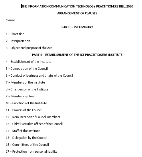 MzalendoWatch's tweet photo. 3. The ICT Practitioners Bill, 2020 sponsored by @HonOsotsi 

The object and the purpose of the Bill is to: 
- Provide for the training, registration and licensing of ICT practitioners.
- Prescribe standards for practice of ICT practitioners.

#BungeAgenda2021 https://t.co/AunO58SkmQ