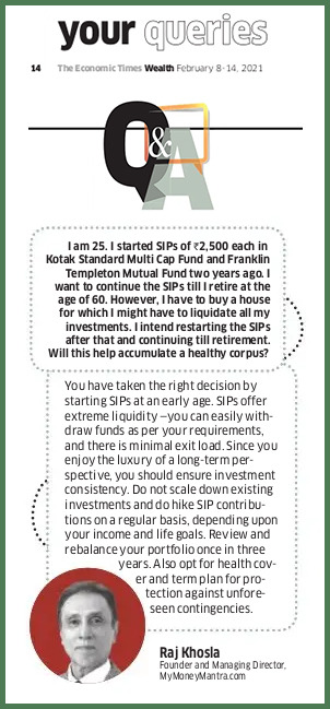raajkhosla's tweet photo. Should a 25yr old person rely on SIPs for realty &amp; retirement?

•Continue MF SIPs
•Liquidity with minimal exit load
•Ensure investment consistency
•Hike SIPs basis income &amp; goals
•Review &amp; rebalance regularly
•Do not miss Health &amp; Term insurance

@ET_Wealth
#MyMoneyMantra https://t.co/xiUbZ9y06Z