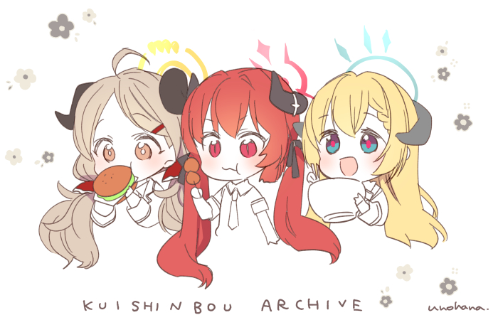 multiple girls horns food 3girls twintails eating holding  illustration images