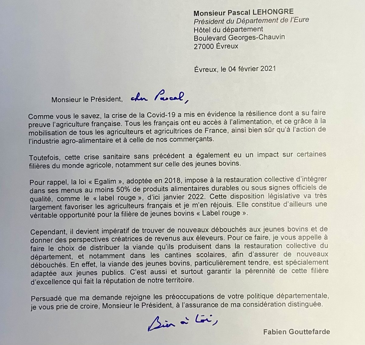 🐂Courrier adressé ce jour à <a href="/LehongrePascal/">Pascal Lehongre</a> Président du département <a href="/EureenNormandie/">Département de l’Eure</a> pour promouvoir dans la restauration collective de la collectivité et des établissements scolaires la viande de « jeunes bovins », filière d’excellence qui a besoin de notre soutien 🐮