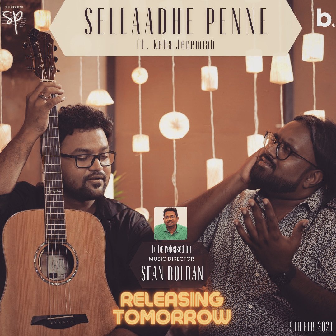 My next indie “Sellaadhe penne” is releasing tomo! The amazing <a href="/kebajer/">Keba Jeremiah</a> is on the guitars and <a href="/ahamedshyam/">Ahamed Shyam</a> has penned the lyrics. <a href="/RSeanRoldan/">Sean Roldan</a> will be releasing the song tomo! Stay tuned guys! 

<a href="/SilverTreeOffl/">Silver Tree</a> <a href="/kvigneshwar/">Vigneshwar Kalyanaraman</a> #believe #SpOriginals