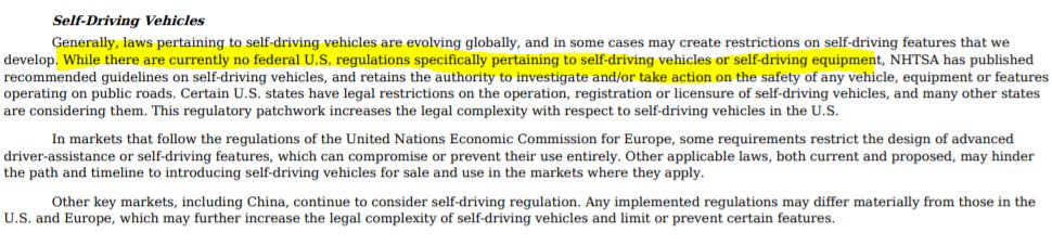 while Musk continues to lie about regulators holding him back- hello sitter- the  $TSLA 10k can, in fact, speak for regulators.In the US, "there are currently no federal U.S. regulations specifically pertaining to self-driving vehicles or self-driving equipment"10K thread1/  https://twitter.com/elonmusk/status/1345208391958888448