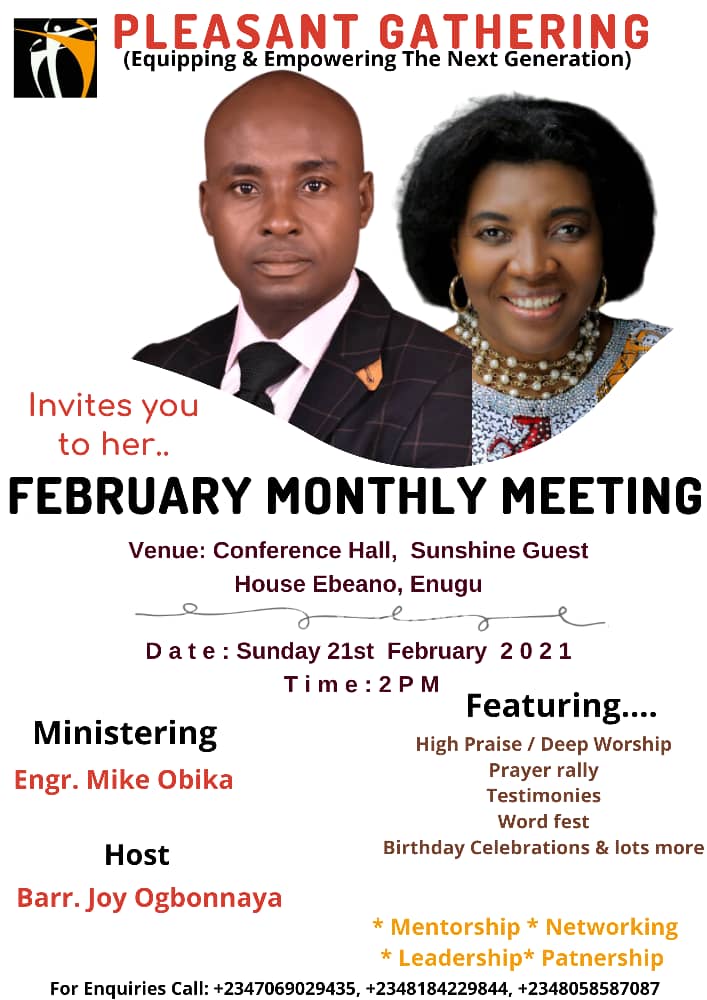 p_gathering's tweet photo. WHERE WILL YOU BE SUNDAY 21st February 2021 in Enugu @ 2pm?
I guess @ The PLEASANT GATHERING SPECIAL FEBRUARY MONTHLY MEETING with Engr. MIKE OBIKA. O my! You wouldn't want to miss this one!Start planning, preparing and inviting your friends and loved one. It's a Year of Laughter https://t.co/JY1CjdXsSv