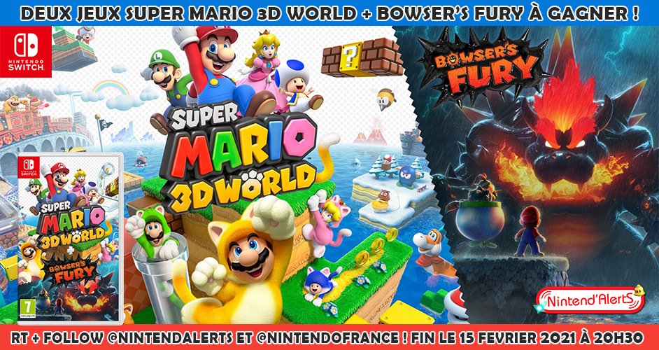 AlertEtGo's tweet photo. Concours: 2 jeux Super Mario 3D World + Bowser's Fury Nintendo Switch à gagner. Follow @nintendalerts + @NintendoFrance, RT le Tweet, tague un ami et commente avec le #SuperMario3DWorld + Bowser's Fury !
Fin du concours le 15/02 à 20h30. Plus d'infos ici► https://t.co/9FxgRzfFZ4 https://t.co/7f5sul5Ogt