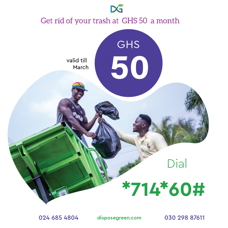 dispose_green's tweet photo. Register as a customer today and get  20% discount for monthly pickups. Get rid of your trash for GHS 50 a month, dial *714*60#. #wastemanagement #cleantech #climateaction https://t.co/oisxynBEwv