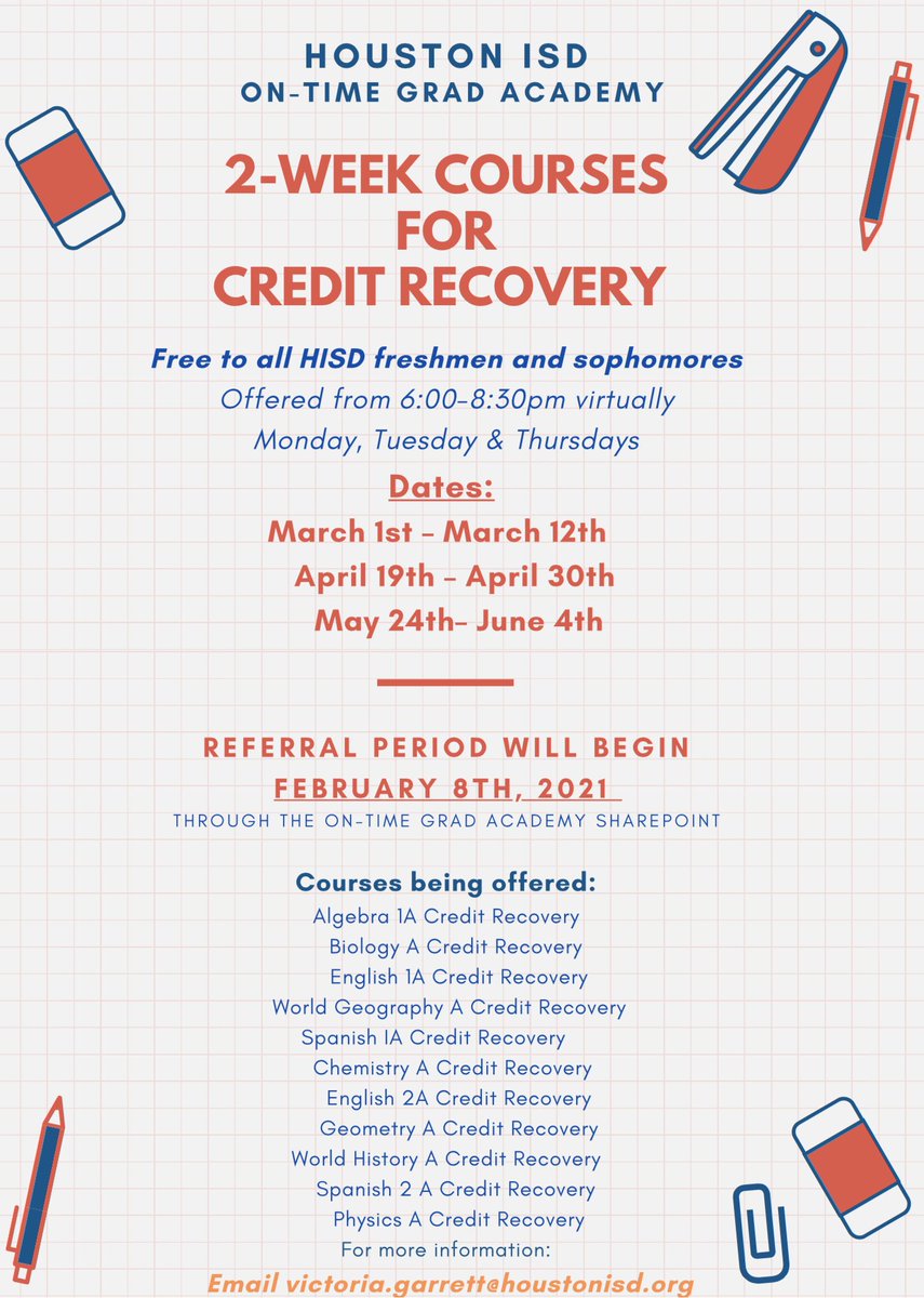 Introducing our 2020-2021 On-Time Grad Academy - (Virtual) COVID Special Sessions for 9th &amp; 10th​ Graders. HISD administrators, counselors, and registrars please visit our Sharepoint page to so that we can get our Freshmen and Sophomores up to speed. 🙂