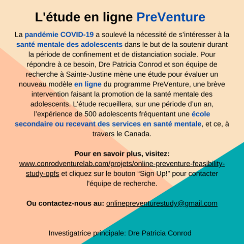 ConrodVLab's tweet photo. Tu vis à Montréal et tu as entre 11 et 18 ans? Nous cherchons des participants pour une nouvelle étude sur une version en ligne du programme PreVenture, une brève intervention faisant la promotion de la santé mentale chez les jeunes. 
https://t.co/ApEoWkXdVO https://t.co/4Om9ugRpGG