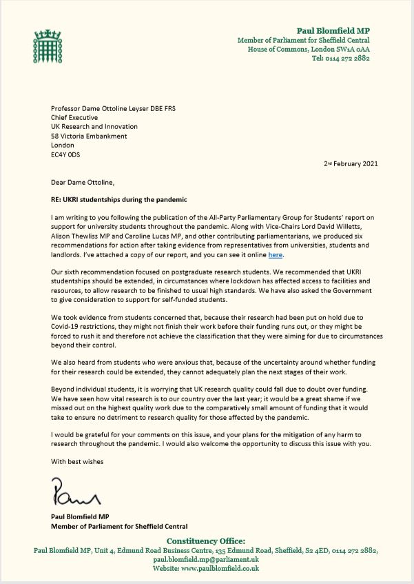 Many postgraduate research students face funding running out before they're able to finish their work due to Covid-19.  

I've written to <a href="/UKRI_News/">UK Research and Innovation</a> to press <a href="/APPGStudents/">APPG for Students</a> report Recommendation 6 – on extending studentships where needed.