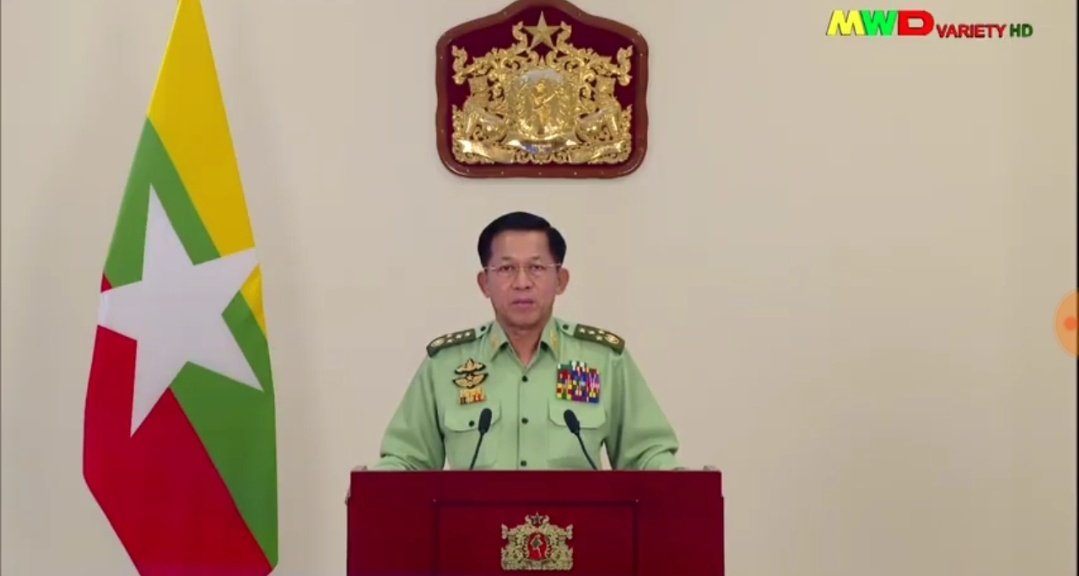 Since taking over  #Myanmar in a  #militarycoup on Feb 1, military chief Senior General Min Aung Hlaing speaks to nation in televised address on Military TV for 1st time. Speech lasted for about 20 mins. Spoke a great deal about  #electoral irregularities  #whatishappeninginmyanmar