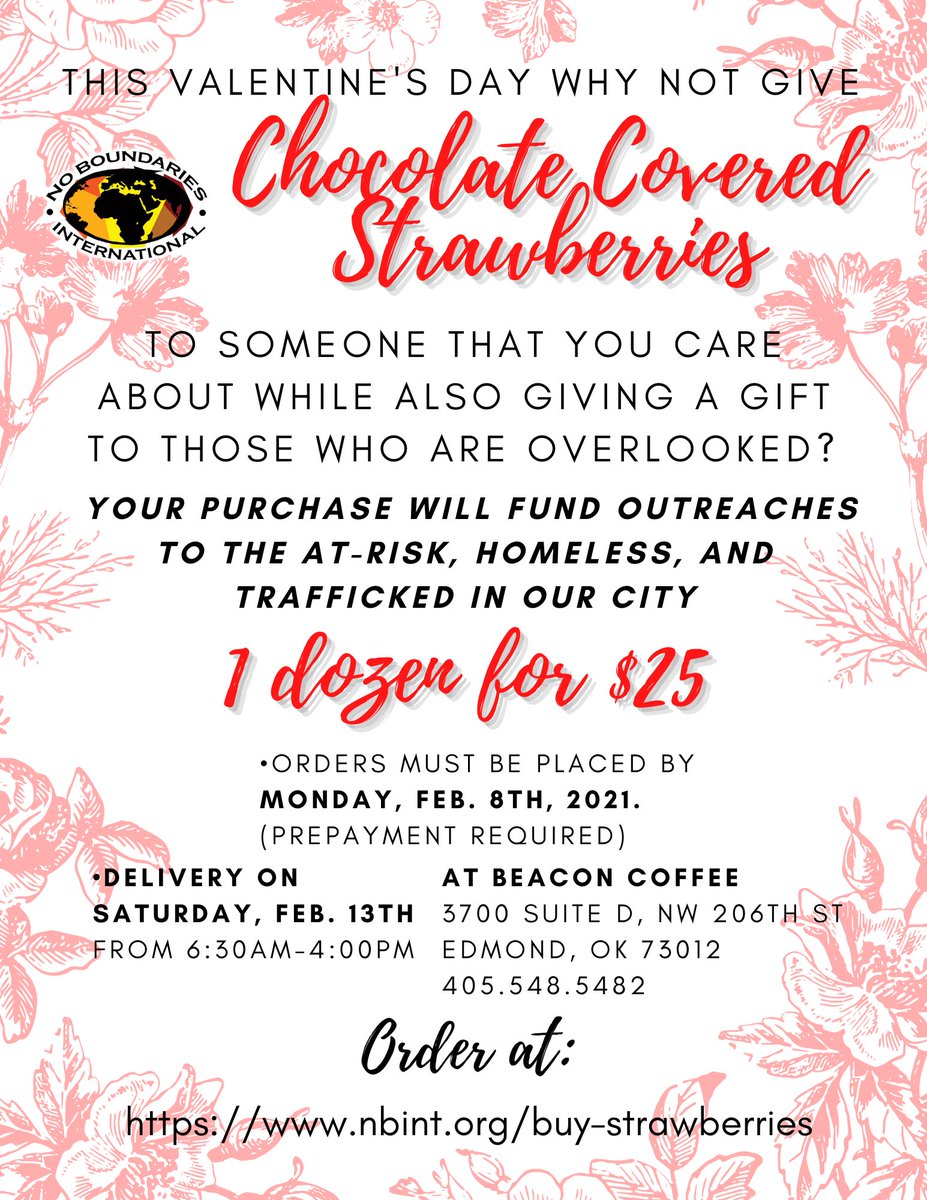NoBoundariesOKC's tweet photo. Today is the last day to order your chocolate covered strawberries for Valentine's Day! Don't miss today's order deadline! 
Order now at: https://t.co/aIlgZ8azPn

Beacon Coffee Stand https://t.co/HZW0O2Pn0P