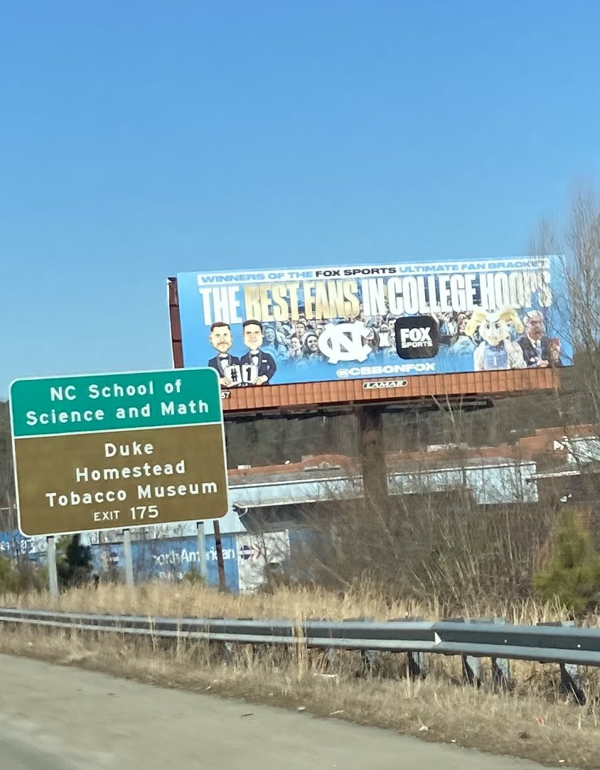 jsbtarheel95's tweet photo. I rode by our billboard again today. Like it or not, Durham is Tar Heel Country. @unc_basketball @cbbonfox #GoHeels #GDTBATH #FOXFanVote https://t.co/o8xd8ko8N5
