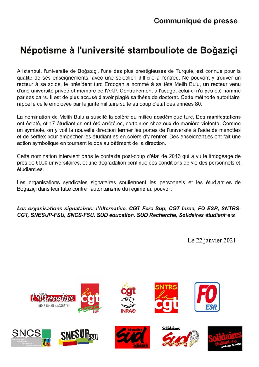 Les syndicats français sont solidaires avec l'Université de Boğaziçi #KabulEtmiyoruzVazgecmiyoruz