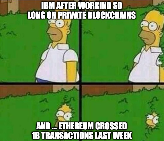 multisHQ's tweet photo. IBM cutting their private #blockchain team got us like...
Find out more: https://t.co/wDp0ls7YR5
#MultisMondayMeme https://t.co/q7vTOir2kI
