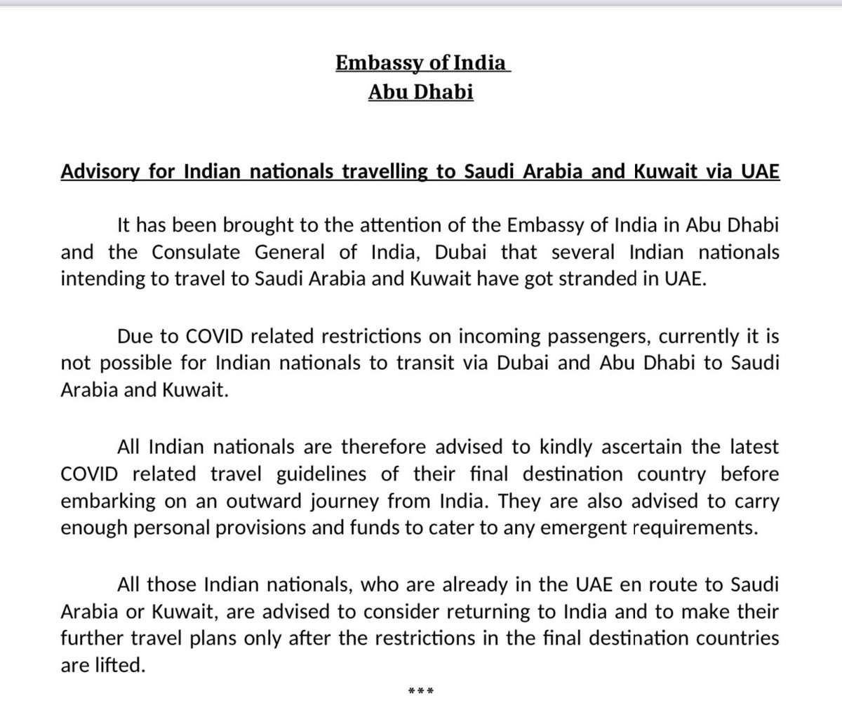 Advisory for Indian Nationals travelling to Saudi Arabia or Kuwait via UAE 👇

<a href="/AmbKapoor/">Pavan Kapoor</a> <a href="/IndianDiplomacy/">Indian Diplomacy</a> <a href="/cgidubai/">India in Dubai</a> <a href="/MOS_MEA/">V. Muraleedharan</a> <a href="/MEAIndia/">Randhir Jaiswal</a> <a href="/IndianEmbRiyadh/">India in Saudi Arabia</a> <a href="/indembkwt/">India in Kuwait</a> <a href="/MOS_MEA/">V. Muraleedharan</a> <a href="/DrSJaishankar/">Dr. S. Jaishankar</a> <a href="/harshvshringla/">Harsh V Shringla</a>