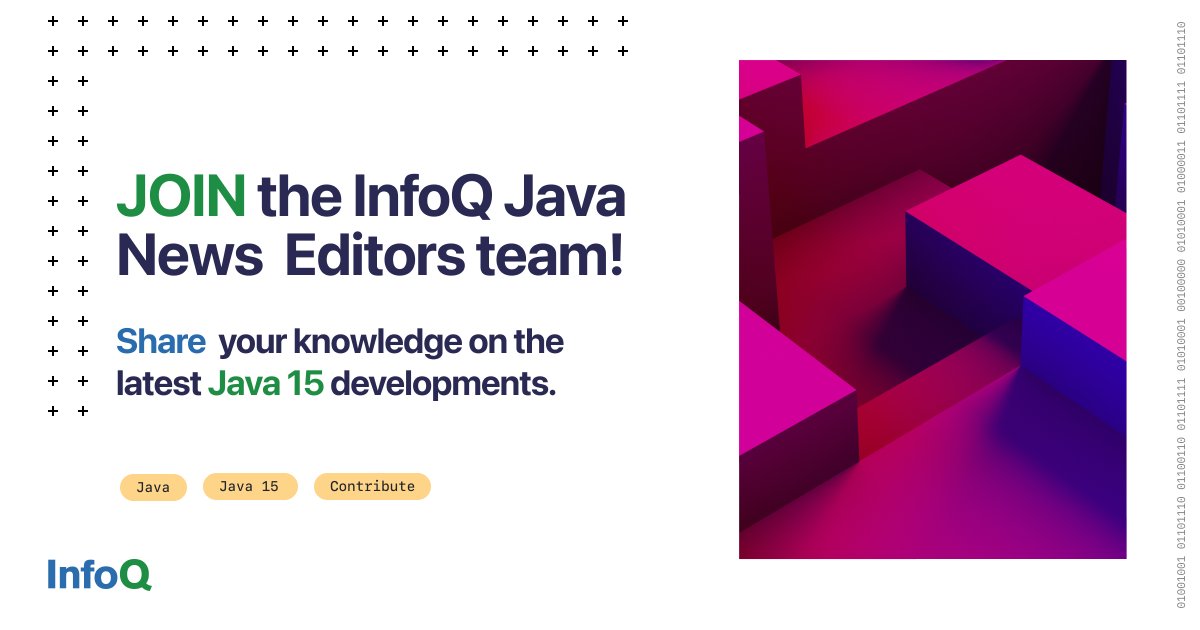 InfoQ's tweet image. Are you a Java expert? If you would like to share your knowledge on the latest Java 15 developments with the software community join the InfoQ Java News Editors Team:  bit.ly/3oYUY6t

#Java15 #openj9 #microprofile #Kotlin #jruby #openjdk