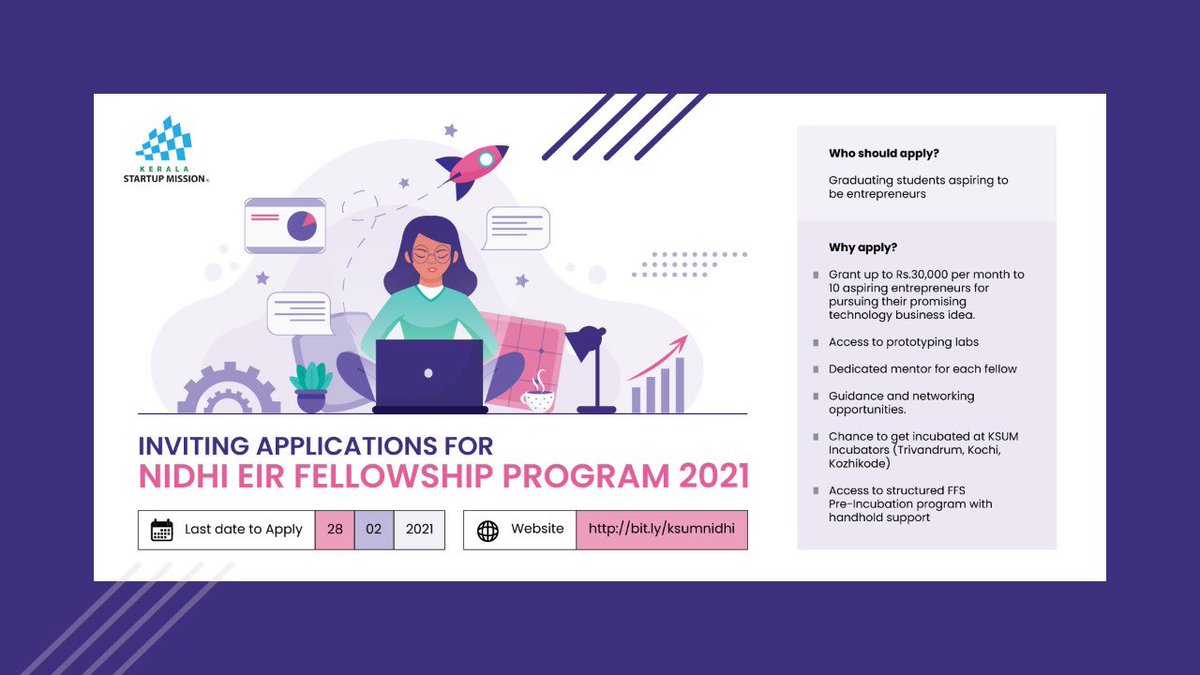 startup_mission's tweet photo. Do you have a #technology idea that can be converted into an enterprise?

Here's an opportunity. The #NIDHI EIR #Fellowship Program 2021 is aimed at graduating #students aspiring to be #entrepreneurs. #KSUM #Kerala #mondaythoughts https://t.co/p9JixemLag