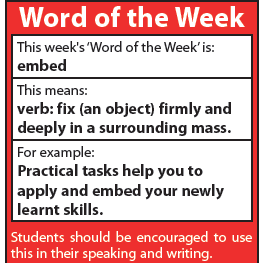 cheamhigh's tweet photo. This week the #WordOfTheWeek is 'Embed'
A verb, meaning to fix (an object) firmly and deeply in a surrounding mass.
students, staff (and families!) are encouraged to use this in their speaking and writing. https://t.co/rGpUKu5TjN
