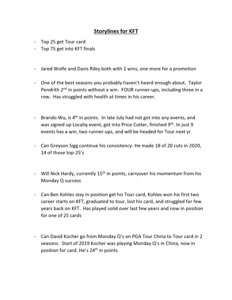 acaseofthegolf1's tweet photo. I threw together some quick notes about the Korn Ferry season that re-starts next week.  Figured with 5 month break might be catching up on some things.  2 players one win away from a promotion, the battle for cards, among other things. https://t.co/gcB9RtmYq0
