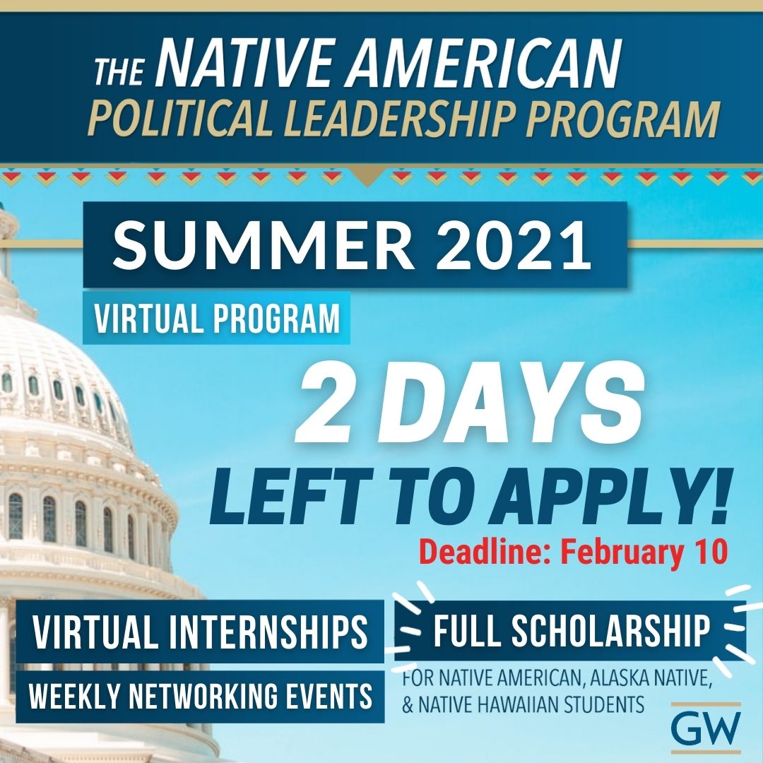⭐️2 DAYS LEFT to apply for Summer 2021!⭐️ 
Apply: bit.ly/37aSbBd  Due: February 10

Applicants, it's time to put the finishing touches on those essays and remind references to submit their recommendation letters by Wednesday! ✉️

#NativeScholarships #NAPLP #NativeYouth
