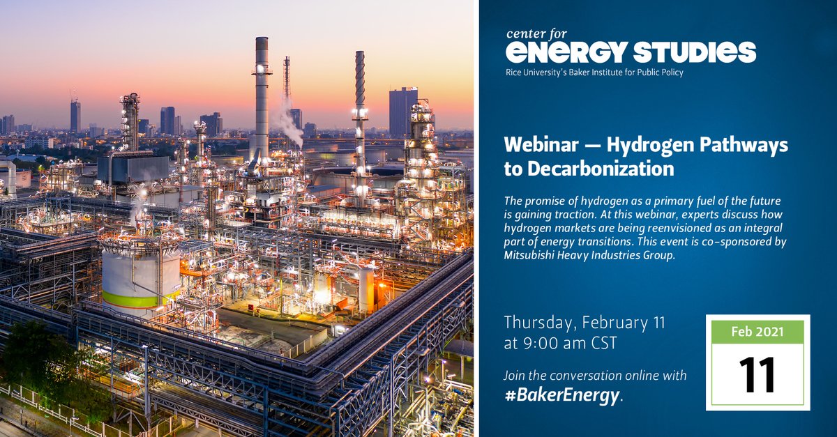 What role can #hydrogen play in the #EnergyTransition? Join <a href="/CES_Baker_Inst/">Baker Institute Center for Energy Studies</a> and <a href="/MHI_Group/">Mitsubishi Heavy Industries</a> on Feb. 11 at 9 am CST for a discussion on the reenvisioning of hydrogen markets. RSVP: bit.ly/3ttDX7K