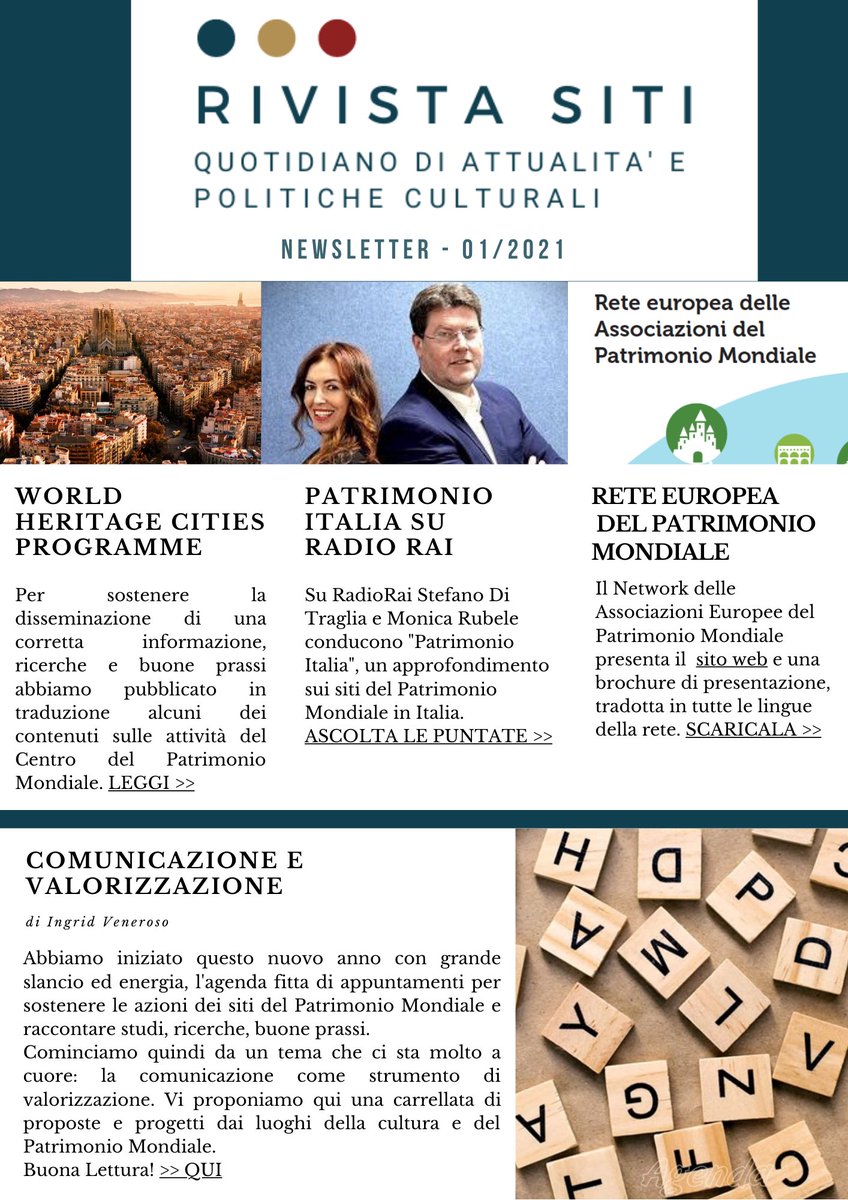 On line la #Newsletter di #RivistaSiti #PatrimonioMondiale. In questo numero le attività di #comunicazione come strumento dei processi di #valorizzazione e  le news dal World Heritage Cities Programme >> bit.ly/3q2jyEH @_MiBACT <a href="/cni_unesco/">CNI Unesco</a>