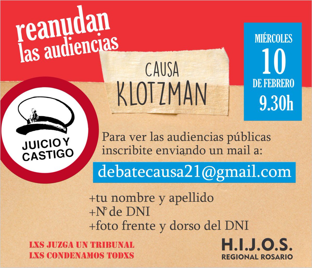 Esta semana miércoles 10/02 se retoman las audiencias de la #CausaKlotzman. Para presenciar las audiencias inscribite enviando un mail a debatecausa21@gmail.com #LesaHumanidad #JuiciosaGenocidas