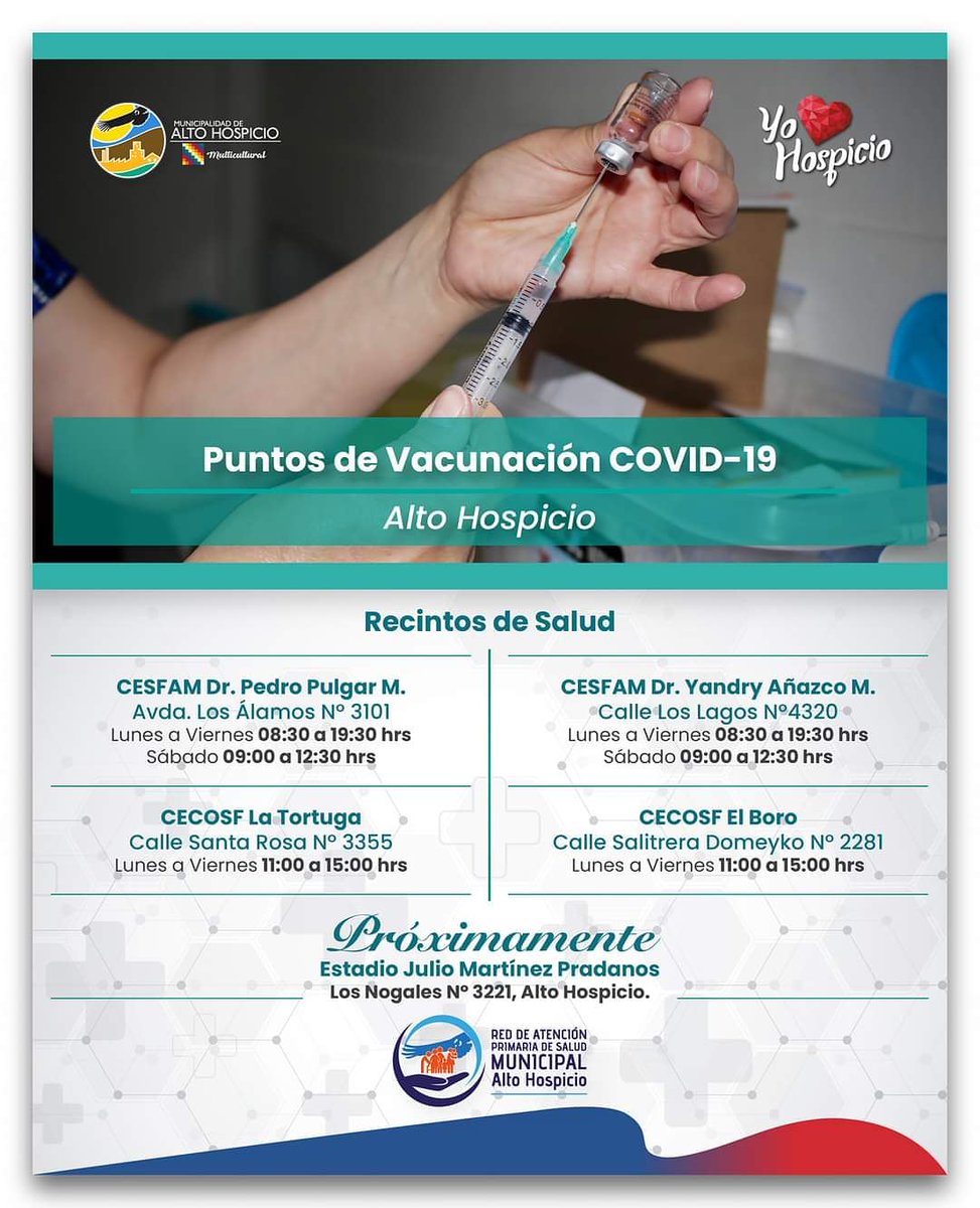 red_alto's tweet photo. El Departamento de Salud de la Municipalidad de #AltoHospicio por medio de la Red de Atención Primaria, les da a conocer los Puntos de vacunación contra el Covid-19.
#atenciónprimaria
#fase1cuarentena
#MAHOSPICIO
#QuédateEnTuCasa
#EntreTodosNosCuidamos
#coronavirus https://t.co/YVLFgtCGPf