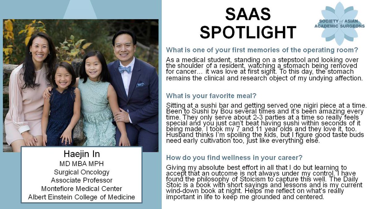 AsianAcadSurg's tweet photo. Today's @AsianAcadSurg
spotlight is coming at you from the Bronx! @HInMD is a surgical oncologist @MontefioreSurg and associate professor of surgery @EinsteinMed.

Read more about her 3 true loves: @sushibybou, the stomach, &amp; stoicism. 

How we miss you, omakase. https://t.co/j0FLlHLS9p