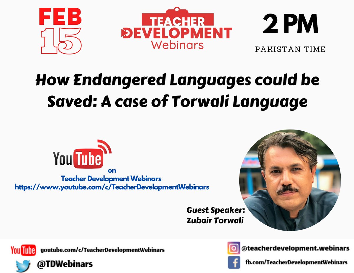 TDWebinars's tweet image. 📆 15th February
⏰ 2pm-3pm Pakistan Time LIVE on @TDWebinars YouTube Channel youtu.be/X88Gix1cW2w

Here&apos;s the link to join us through Zoom: bit.ly/2N5wsDk
@zubairtorwali #InternationalMotherLanguageDay #EndangeredLanguages #LanguageRevitalisation #Torwali #TDWebinars