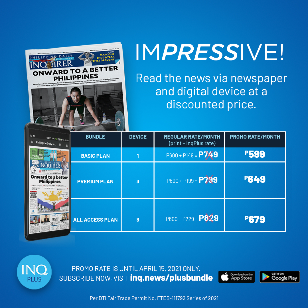 inquirerdotnet's tweet photo. Inquirer bridges the gap between generations; it’s the broadsheet 📰 for the parents and for the kids,📱the digital version (also suited for techie grandparents).

Get the best of both worlds! VISIT https://t.co/JYxSJFOPdM

#InquirerPrint
#INQPlus #digital
#bundlepromo https://t.co/IQIjD4aFWz