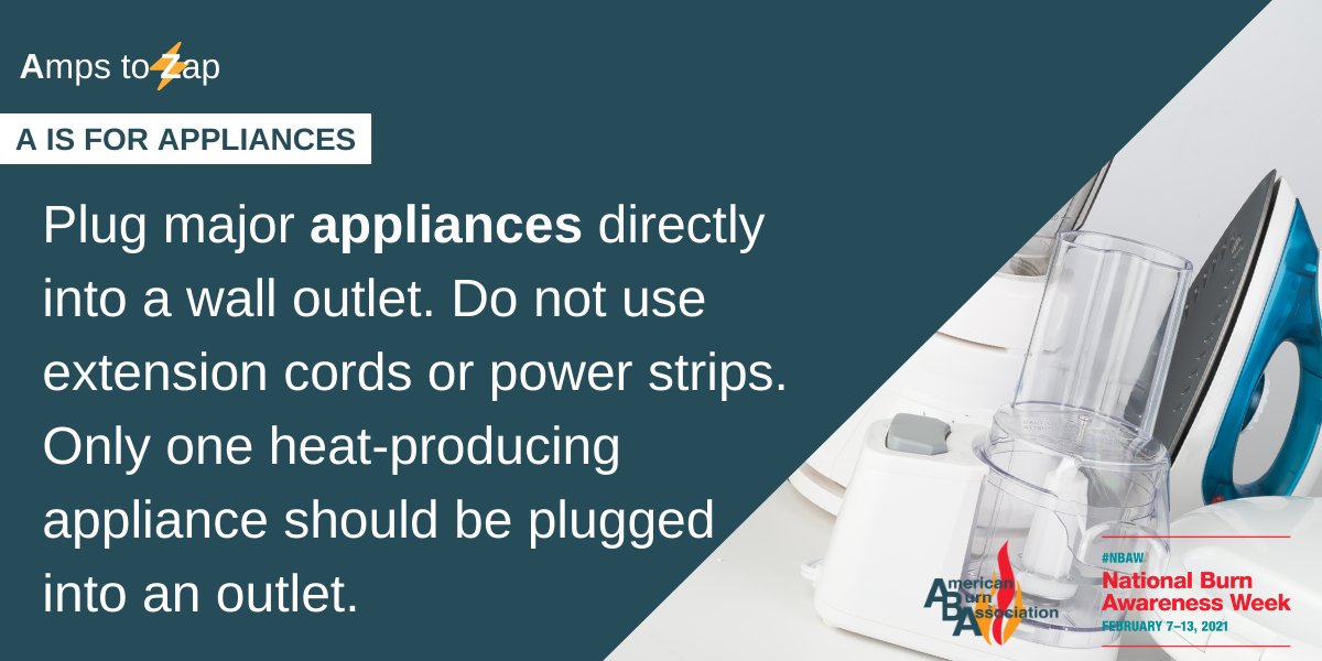 Ameriburn's tweet photo. A is for Appliances. Join us this week as we share electrical safety tips from A to Z! Share your own letter of the alphabet and include #NBAW. We will be sharing our favorites! https://t.co/kEHywsaMuv