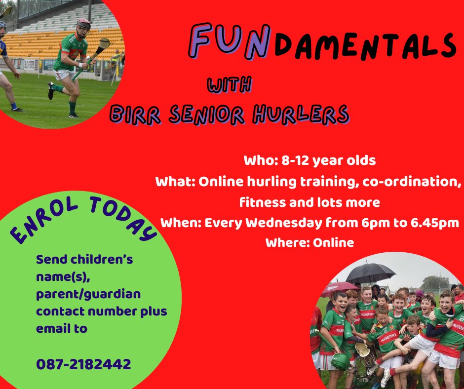 Spread the word about our new Online Training sessions (FUNdamentals with Birr senior hurlers) for 8-12 year olds every Wednesday from 6pm to 6.45pm. 

Send children’s name(s), parent/guardian contact number plus email to 087-2182442

Looking forward to seeing you all 
💚❤️