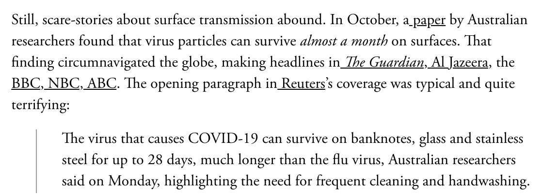 In the last six months, it’s become near-consensus that surface-transmission of COVID-19 is very rare and that our efforts should be focused on masks, distancing, and ventilation. But there are still new studies claiming to show that the virus survives for ONE MONTH on surfaces