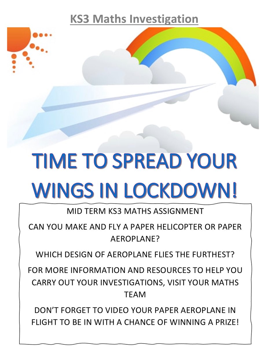 Time to spread your wings in lockdown ✈️🚁

KS3 Maths Assignment  

Don’t forget to video your aeroplane/helicopter in flight to  be in with a chance to win a prize 🏆 <a href="/stmarysderry/">St Mary's College</a>  #mathsisfun #spreadyourwings #letsgetcreative #imagination #itstimetofly