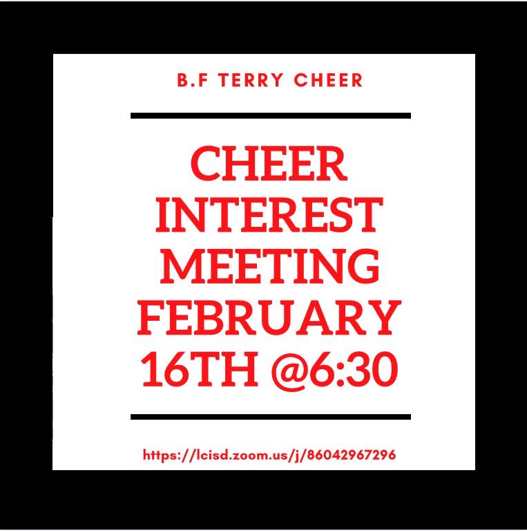 BFTerryCheer1's tweet photo. 📣 The cheer try-out interest meeting has been set. A student and parent must be on the zoom call to get the information. Packets that will be spoken about during the meeting will be in the front office for pick up all this week and next. Hope to see you all there! 😊 https://t.co/YlHANVO6Ov