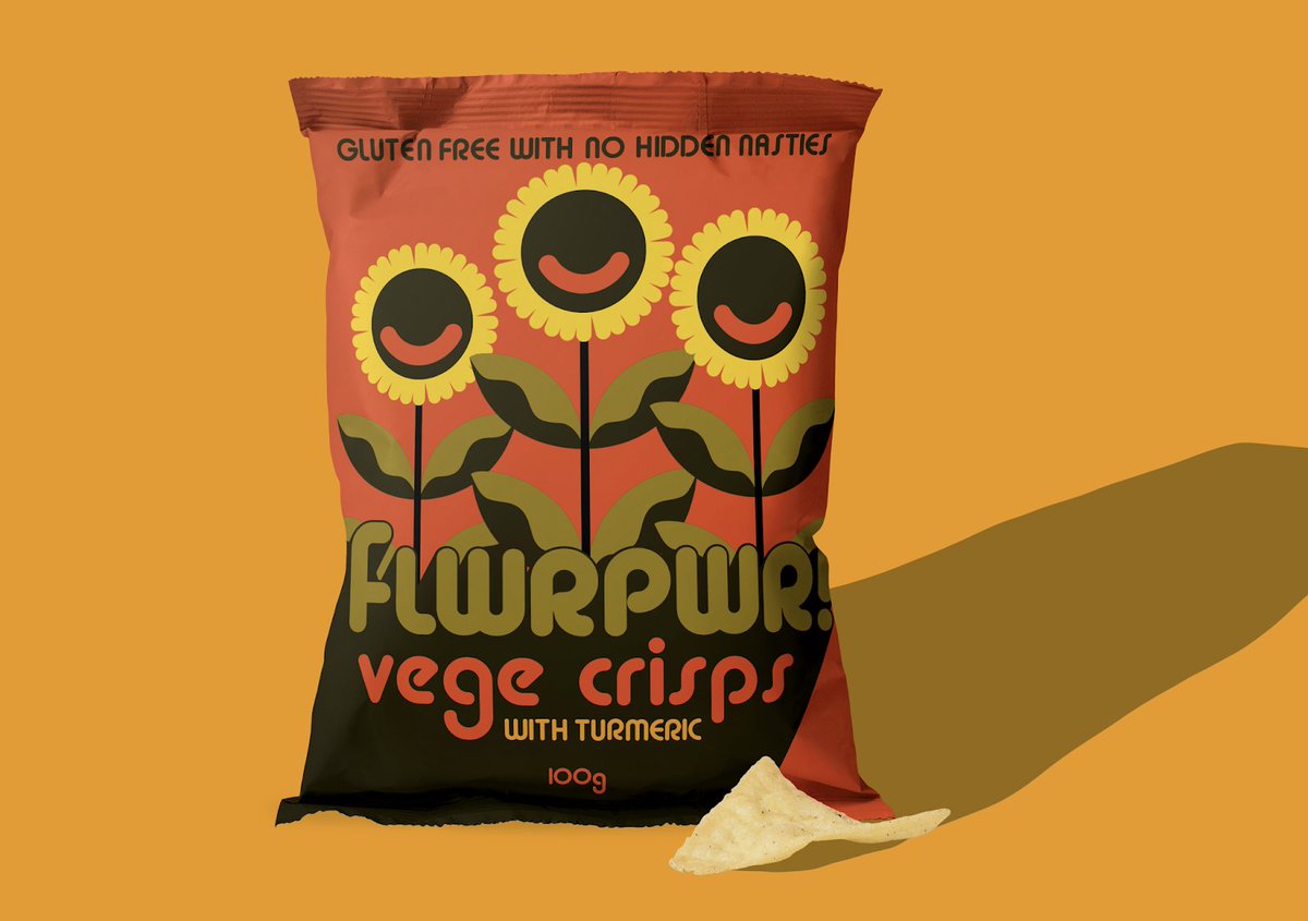 #Packaging of FLWRPWR veg crisps conveys typography talk to the retro 60's / 70's vibe and play on the "flower power" theme  bit.ly/3p3H56S